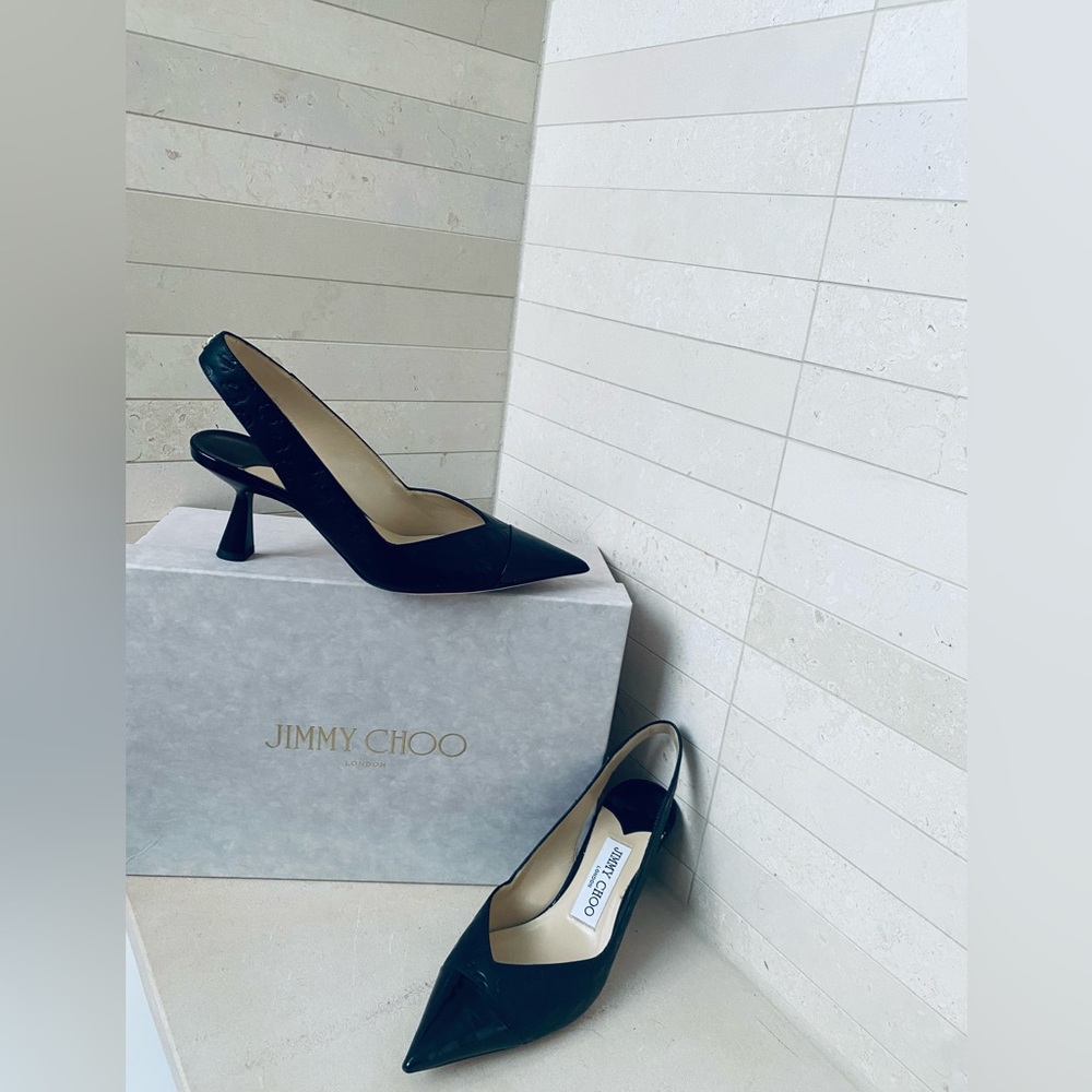 Jimmy Choo kitten heel logo embossed leather slingbacks; excellent condition
